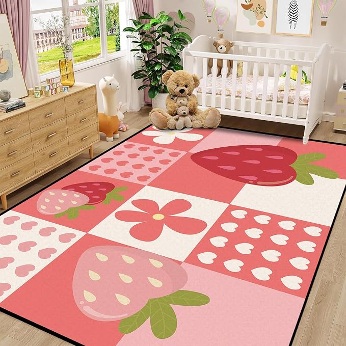 Strawberry Checkered Rug Cute Red Area Rug Love Flower Washable Carpet for Entryway Bedroom Living Room Kitchen Nursery Home Decor Soft Non Slip Floor Mat，3'x5'