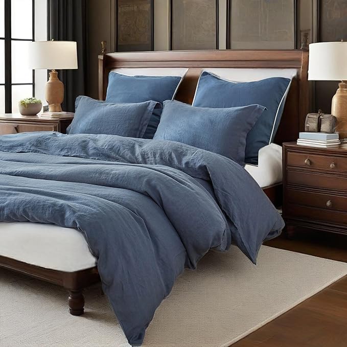 Simple&Opulence 100% Linen Duvet Cover Set, 3 PCS Classic Blue Duvet Cover Queen Size, Breathable Soft Comfy Linen Bedding Comforter Cover with 2 Pillowcases(Classic Blue, 88"x92")