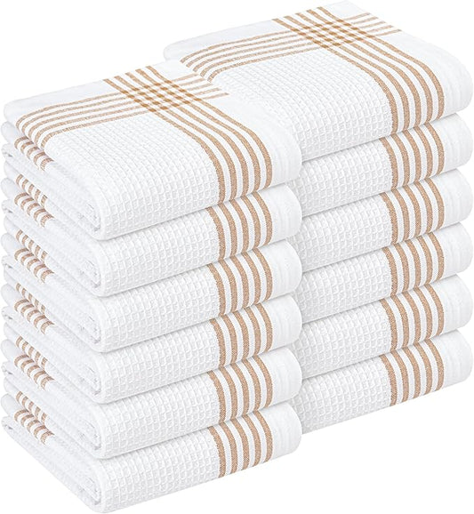 Waffle White & Brown 12 Pack Kitchen Towels Set, 100% Cotton, 16x26 inches, Professional Quality Cleaning Towel for Bar, Home, Restaurant Use, Absorbent Dish Cloths for Drying Dishes