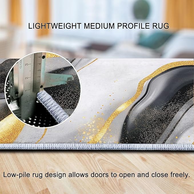 Washable Area Rugs 5 x 6 ft Non-Slip Abstract Luxury Marble Gold Texture Rug for Living Room Bedroom Black and White Low Pile Print Carpet - Stain Resistant Carpets for Dining Room Kids Nursery