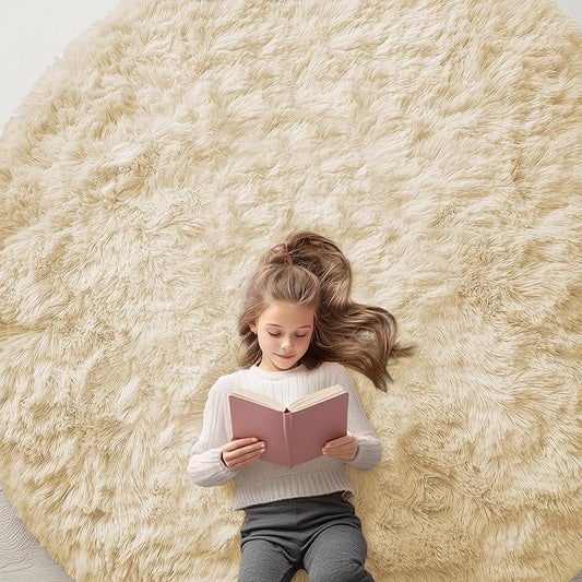 OLANLY Cream Round Rugs for Bedroom - Machine Washable, 7 ft Circle Area Rugs for Living Room, Soft and Fluffy Shaggy Carpet for Teen Girl and Boys, Nursery Rooms, Dorms, Home Decor Aesthetic
