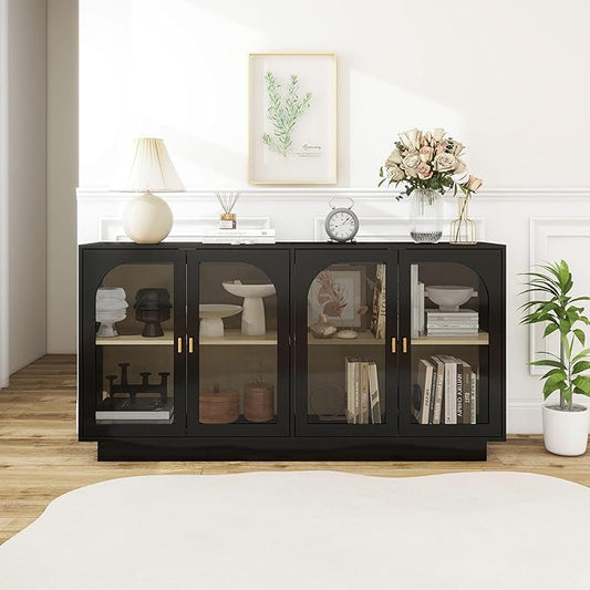 Sideboard Buffet Cabinet with Storage - Accent Storage Cabinet with 4 Glass Doors Adjustable Shelves,Black Wood Credenza for Living Room, Kitchen,Dining Room, Entryway (Black 4 Doors)
