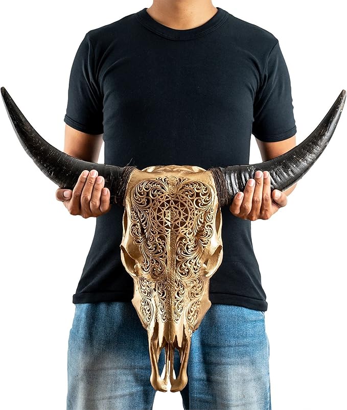 Skull Bliss - Hand-Carved Real Authentic Taxidermy Cow Skull/Bull Skull Wall Decor with Horns/Real Animal Cow Skull Wall Decor (Standard Horns)