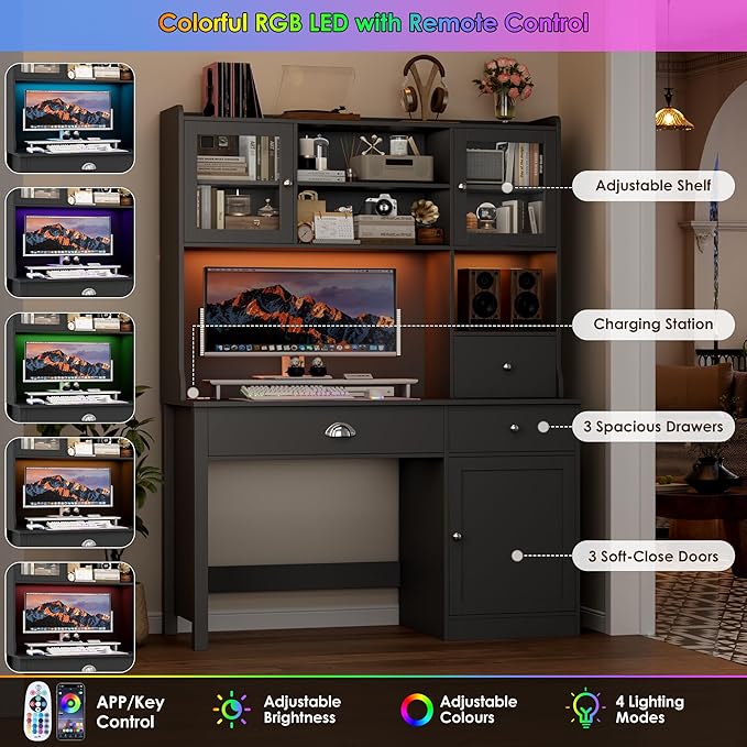 FACBOTALL Computer Desk with Hutch and RGB Lights, 65" Office Desk with Power Outlet, Makeup Vanity with 3 Doors & 3 Drawers, Executive Desks for Home, Work and Study, Black (Black)