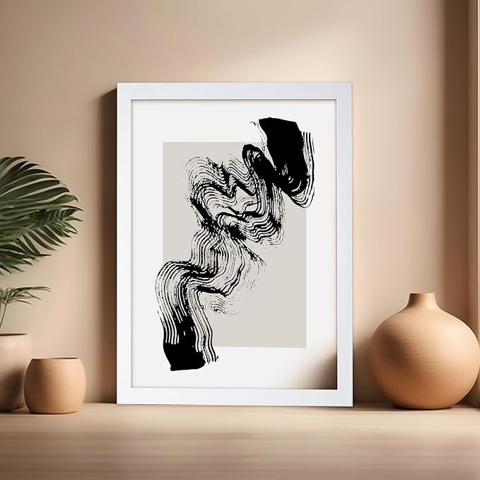 Poster Master Brush Waves Poster - Black Brush Wave Stroke Print - Abstract Design - Drawing Artwork - Mid Century Modern Art - Minimal Design - Living Room or Bedroom Wall Decor - 16x20 White Framed