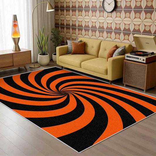 70s Rug 3x5 Swirl Abstract Black Orange Striped Pattern Area Rugs for Living Room, Bedroom, 70s Home Decor Accessories Indoor Carpet, Non Slip & Machine Washable, GD0374