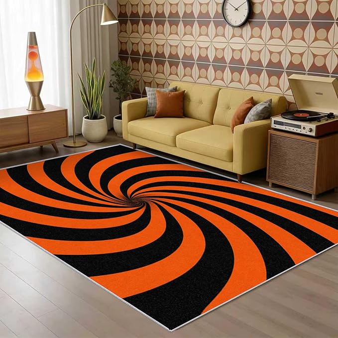 70s Rug 5x7 Swirl Abstract Black Orange Striped Pattern Area Rugs for Living Room, Bedroom, 70s Home Decor Accessories Indoor Carpet, Non Slip & Machine Washable, GD0376