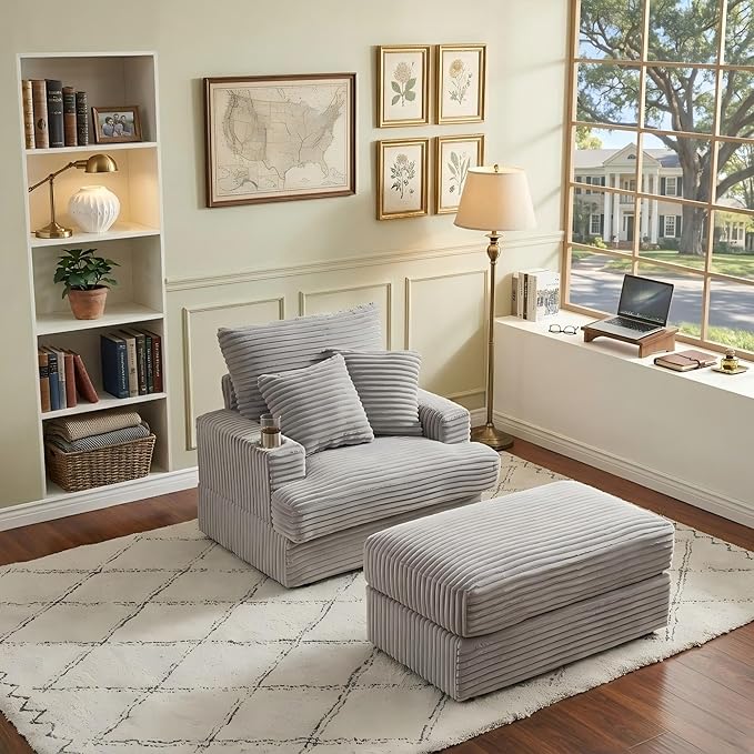 Eafurn 39" Corduroy Modular Accent Chair with Movable Ottoman, Comfy Living Room Armchair with Cup Holder, Soft Upholstered Wide Single Lounge Chaise Chair for Bedroom, Office or Reading Nook