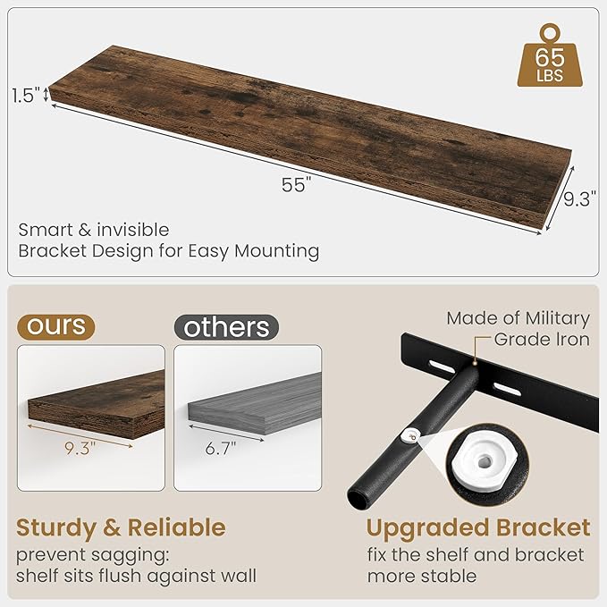 55"W x 9.3"D Floating Shelves for Wall, Wall Mounted Bathroom Shelves 1 Pack Deep Floating Shelf for Bedroom Kitchen Living Room, Rustic Wooden Wall Shelf with Invisible Bracket for Books Decor