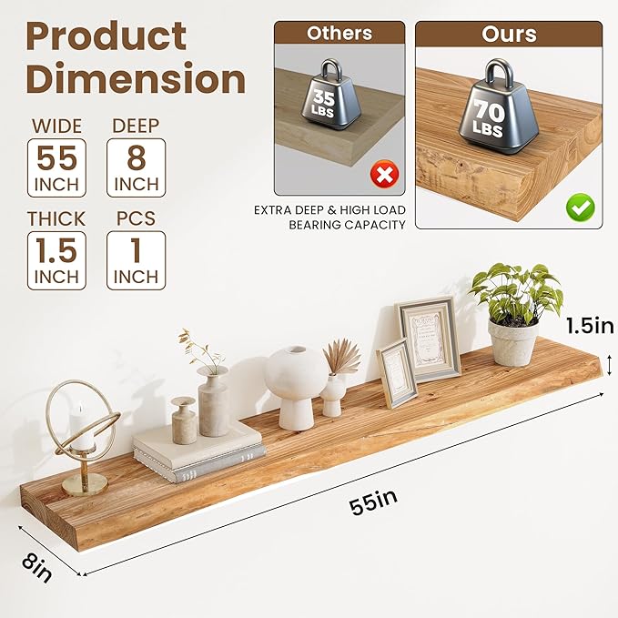 Extra Deep 55" Long Live Edge Rustic Floating Shelves for Wall, Solid Wood Wall Shelves with Invisible Bracket Mount for Living Room Bathroom Bedroom Kitchen, Set of 1, Natural
