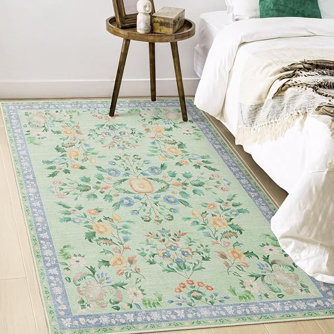 MUJOO Washable 3x5 Rug,Green Floral Area Rugs for Bedroom Bedside Entryway Living Room Kitchen,Small Boho Indoor Floor Rug Non Slip Throw Carpet Low Pile Vintage