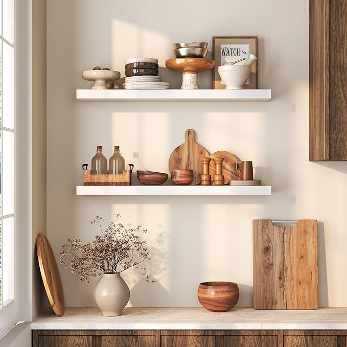 Fun Memories Farmhouse Floating Shelves - 8 Inch Deep Rustic Wood Wall Shelf - Premium Solid Pine Wood Storage Shelf for Kitchen Living Room Bedroom - 30" W x 8" D - Set of 2 - White