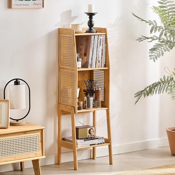 Welnow Bamboo Rattan Bookcase with Cabinet, 2-Tier Storage Shelf with Side Table & End Table Function, Large Modern Wood Organizer for Living Room or Bedroom, Natural Bookshelf