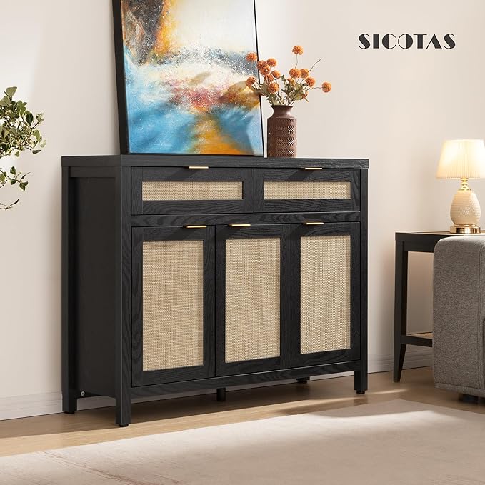 SICOTAS Rattan Sideboard Buffet Cabinet with Storage, Boho Credenza Accent Cabinet with 3 Doors and 2 Drawers, Farmhouse Console Coffee Bar Cabinets for Living Room Kitchen Entryway, Black Oak, 2 PCS