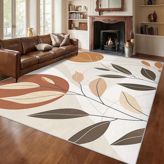 8x10 Abstract Leaves Rugs for Bedroom Decor, Washable Mid Century Modern Pattern Area Rug, Living Room Home Decoration, Non Slip Soft Thin, Modern Botanical Decor Large Carpet PF-P 117