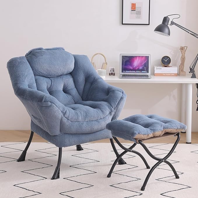 Tiita Lazy Chair with Ottoman, Blue Modern Large Accent Armchair, Comfy Leisure Sofa Reading Chair with Footrest for Bedroom, Living Room, Dorm Rooms, Garden, Plush Light Blue