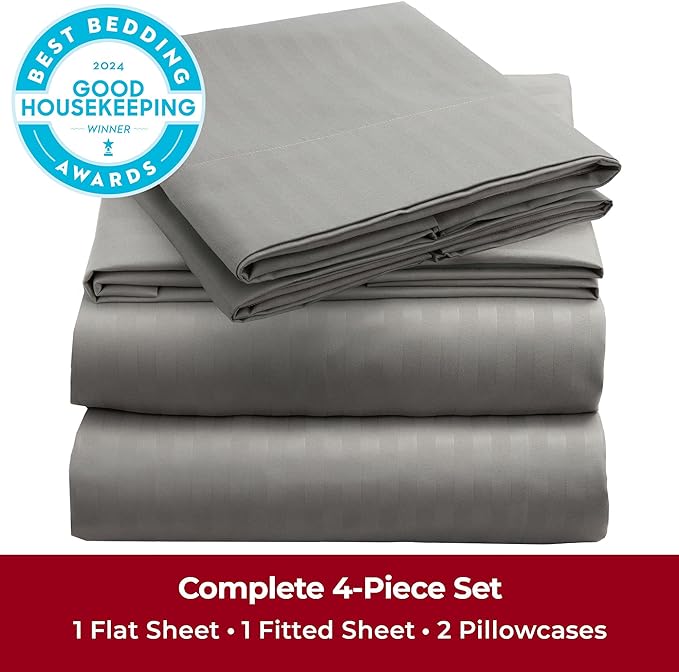 Mellanni Full Sheets Set - 4 PC Iconic Collection Bedding - Hotel Luxury, Extra Soft, Cooling Bed Sheets - Wrinkle, Fade, Stain Resistant (Full, Striped Gray/Silver)