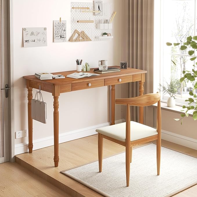 White Solid Wood Desk with 2 Drawers, 47" Mid Century Modern Desk,Wooden Writing Desk Computer Table for Home, Office, Bedroom, Living Room