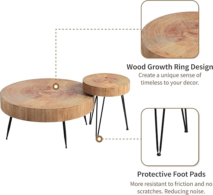 LONYKE 2-Piece Modern Farmhouse Living Room Coffee Table Set, Nesting Table Round Natural Finish with Handcrafted Wood Ring Motif, Light Red + Wood Color