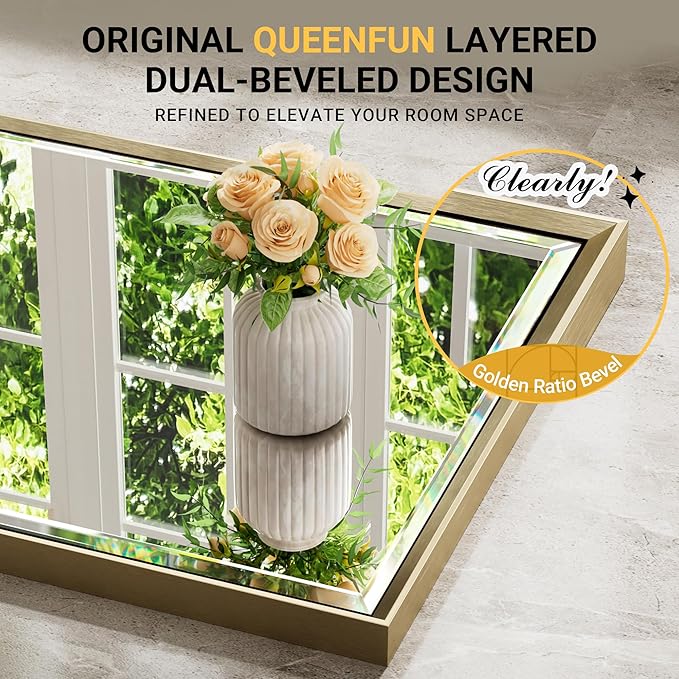 Gold Bathroom Mirror 36x36 Inch Square Beveled Bathroom Vanity Mirror Brushed Gold Framed Bathroom Mirror, Shatterproof Brushed Brass Metal Frame Mirror for Bathroom Wall