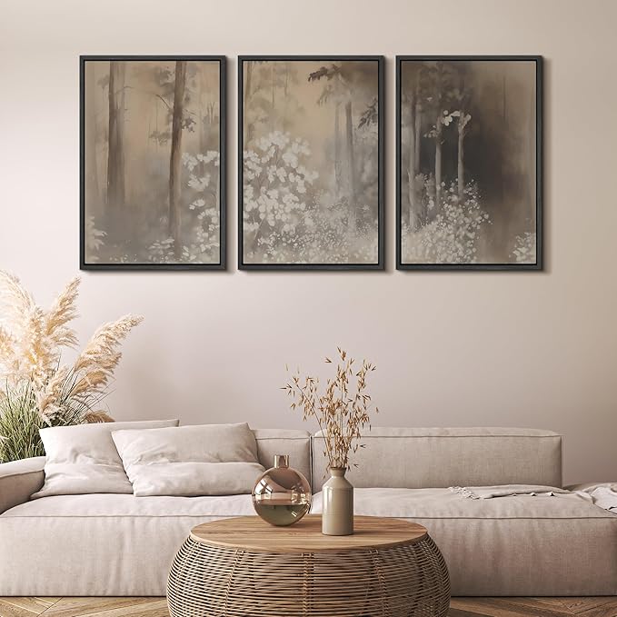 MUDECOR Framed Wall Art Print Set Neutral Forest Landscape Beige and Gray Watercolor Illustrations Realism Decorative for Living Room, Bedroom, Office - 16"x24"x3 Black
