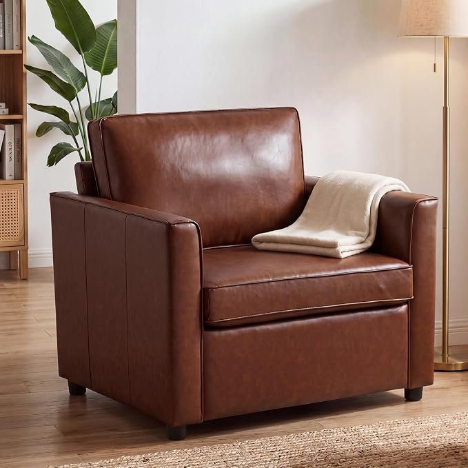 Oversized Armchair, 39" Accent Chair for Living Room, Mid-Century Modern Armchair with Deep Seat Cushion & Solid Wooden Legs, Comfy Faux Leather Side Chair for Reading, Small Space, Brown