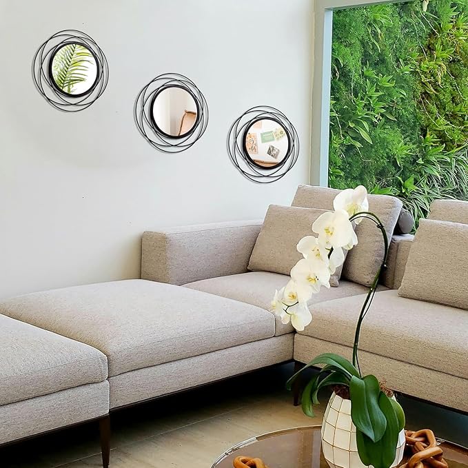3 Set Round Mirrors for Wall Decor Living Room Bedroom Bathroom Dining Room Metal Circle Mirror Set Boho Decorative Sunburst Wall Art Accent Entryway - Black 13.3 in