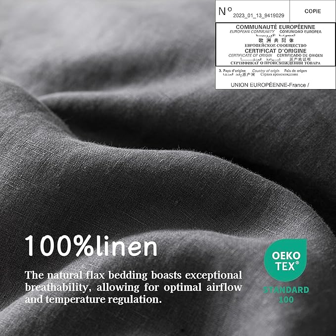 EVERLY Linen Sheets Set King Size,100% French Stonewash Pure Linen Bed Sheets,4Pieces (1Flat Sheet,1Fitted Sheet,2Pillowcase) Suitable for Hot Sleepers,Deep Pocket Natural Bedding Set-Dark Grey