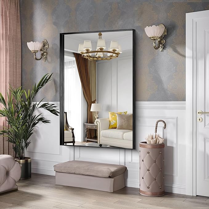 CIRCUMI Black Bathroom Mirror, 36"x55" Rectangular Mirror with Deep Metal Frame, Brushed Finish, Tempered Glass, Large Mirror for Wall, Over 2 Sinks, Installed Vertically/Horizontally, Crystal-Clear