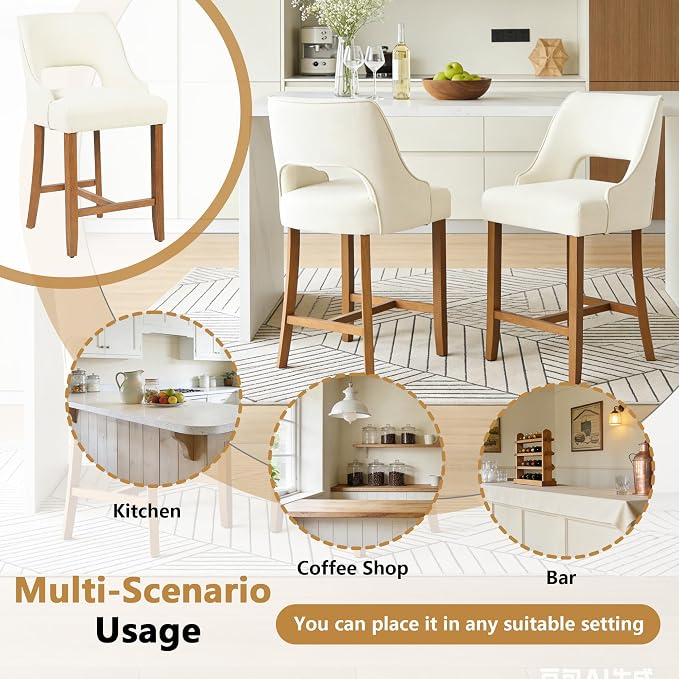 ClinQ Bar Stools Set of 6, 26" H Counter Height Bar Stools with Backs, Modern Upholstered Accent Barstools with H-Shaped Footrest for Kitchen Island, Dining Room and Bar, Beige-Walnut Legs