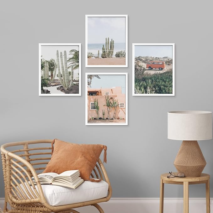 SIGNWIN Framed Cactus Desert Wall Art, Set of 4 Cactus Desert Wall Decor Prints, Nature Wilderness Wall Décor for Living Room, Bedroom - 11"x14"x 4 White