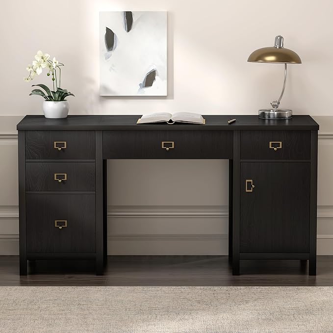 EYYTHUNG 59" Executive Desk with File Drawers Cabinet, Modern Computer Desk with Charging Station, Keyboard Tray, Large Home Office Desk, Farmhouse Wood Desk for Study, Writing, Black