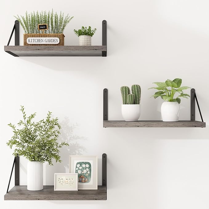 Heimlove Floating Shelves for Wall Set of 3,Light Wood Wall Mounted Bookshelf Decorative Shelf for Living Room Bathroom Bedroom Kitchen Laundry Pictures Plants Books Cats TV,Silver Grey