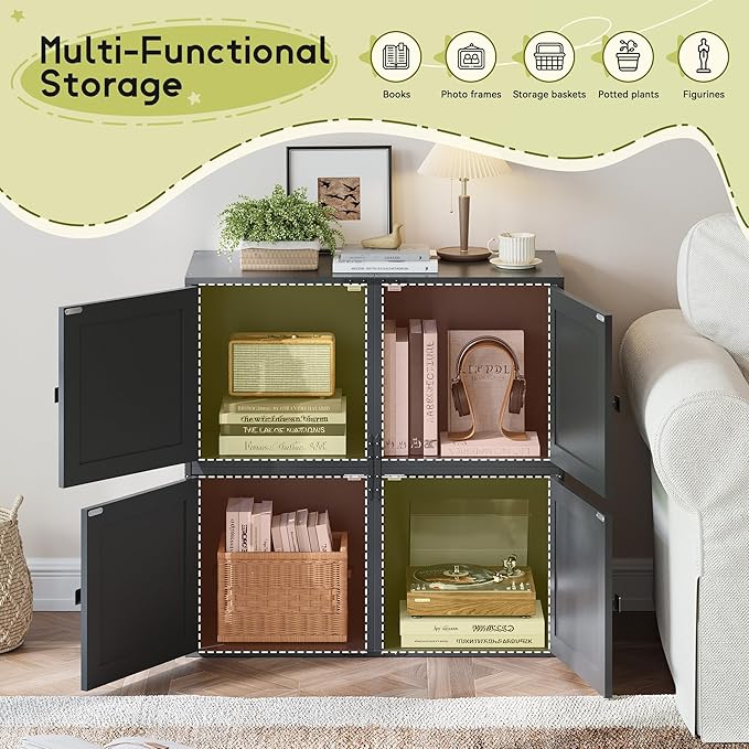 Homkdom 4 Cube Storage Organizer, DIY Bookcase with Doors, Stackable Cube Shelf with Anti-Tip Design, Modular Cubby for Bedroom, Dorm, Office,Living Room, 30" W x 11.81" D x 30" H, Black