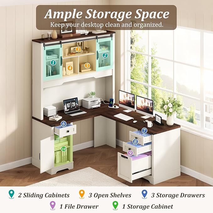 Squireewo 68.9'' Farmhouse L Shaped Desk with Hutch and Drawers, 76" High Wood Executive Home Office Desk with Charging Station, File Drawer and Cabinet, Computer Corner Desk with Sliding Doors, White