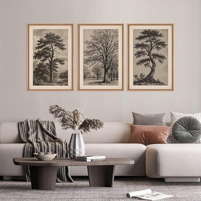 HPINUB Vintage Sketch Tree Framed Canvas Wall Art Set,Modern Nature Botanical Wall Decor, Antique Wilderness Tree Artwork,Minimalist Neutral Art Prints for Living Room,Bedroom,Farmhouse-24"x36"x3