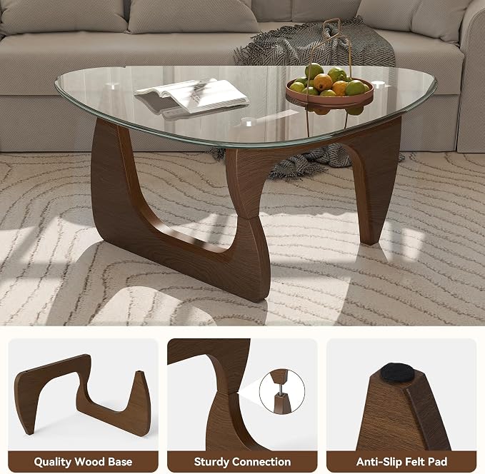 Modern Glass Coffee Table, Triangle Center Table with Tempered Glass Top& Unique Wooden Base, 42.5” Mid Century Tea Tables for Living Room, Apartment, Office,Walnut &Transparent