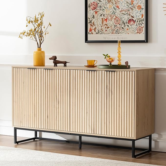 Fluted Storage Cabinet with 4 Doors, 55" Large Sideboard Buffet Cabinet with Adjustable Shelves Kitchen Wooden Credenza Coffee Bar Console Table for Dining Room Living Room, Light Oak
