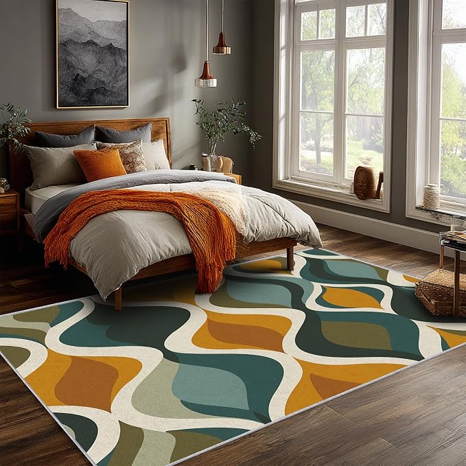Mid Century Rug 6x9 Washable, 60s 70s Retro Wave Modern Abstract Area Rugs for Living Room 6 x 9, Non Slip Indoor Floor Carpet, Mid Century Bedroom Home Decor 5683T