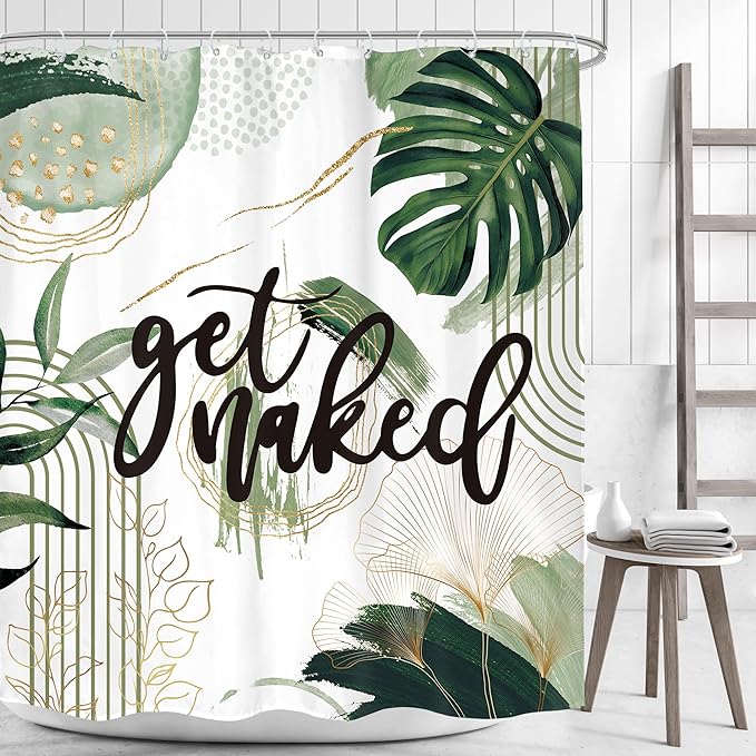 Green Boho Shower Curtain 60Wx72H Bohemian Sage Green Golden Leaves Get Naked Abstract Mid Century Modern Plant Botanical Bathroom Decor Minimalist Bath Curtain Fabric Polyester 12 Pack Hooks