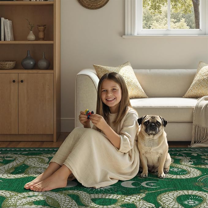 DCX Washable 5x7 Snake Rug, Green Gothic Rug for Living Room, Soft Low Pile Carpet, Kid & Pet Friendly with Rubber Back Non Slip, Stain Resistant Rug for Bedroom Dining Room Office