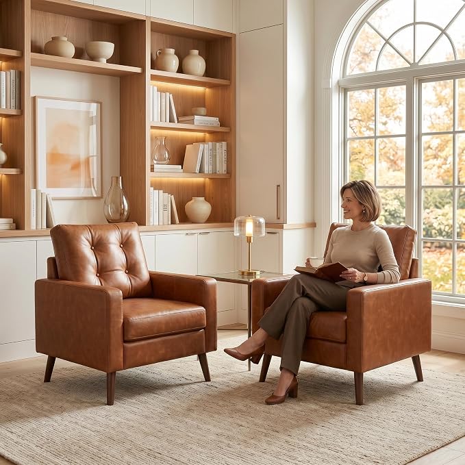 HNY Mid Century Modern Armchair, Button Tufted Faux Leather Accent Chair with Armrests, Upholstered Club Chair for Living Room, Bedroom & Office, Caramel Brown