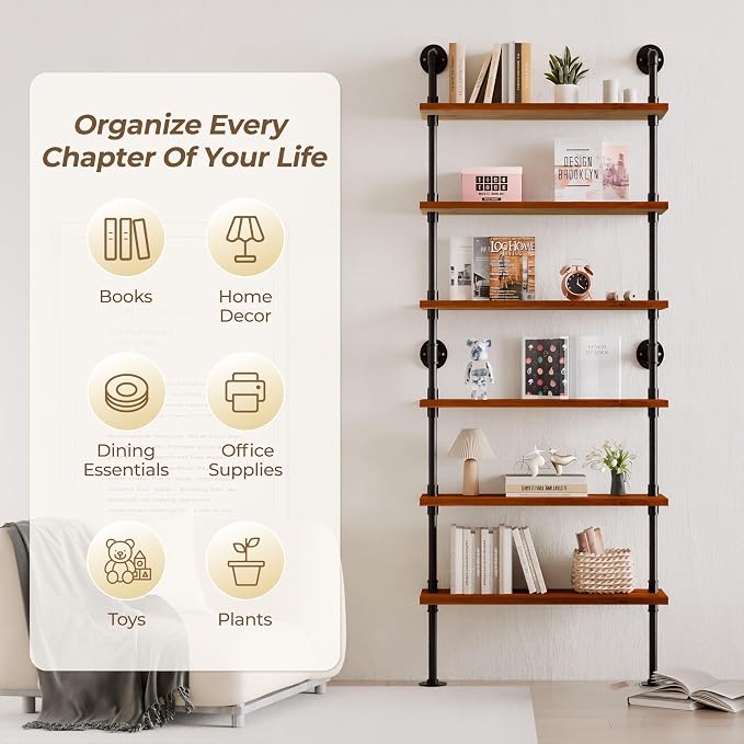 6 Tier Industrial Ladder Shelf Bookcase, Wall Mounted Rustic Bookshelf for Living Room Decor and Storage (Walnut Color, 6 Tier - 10" D x 36" W x 82.5" H)
