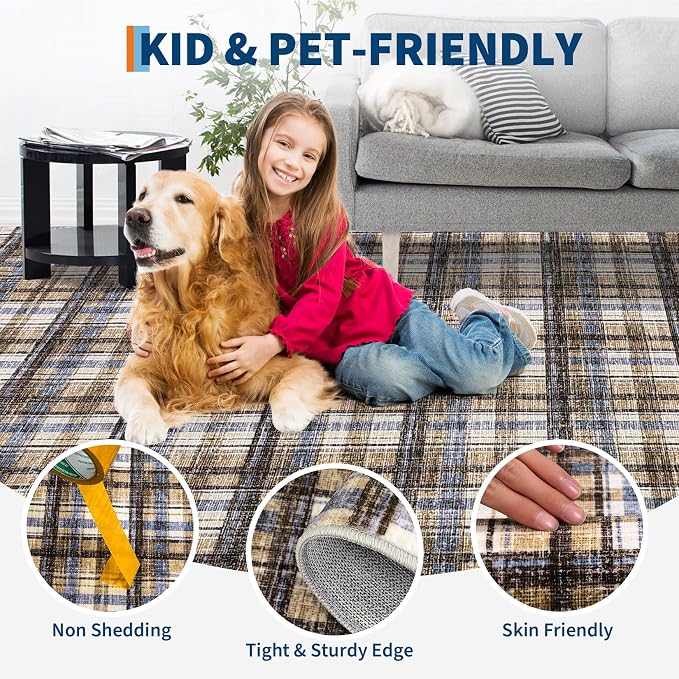 Washable Rug 9x12 Area Rug for Living Room Modern Bedroom Rug Large Area Rug Non Slip Throw Rugs Soft Low Pile Stain Resistant Carpet for Dining Room Department Dorm, 9'x12' Blue&Camel