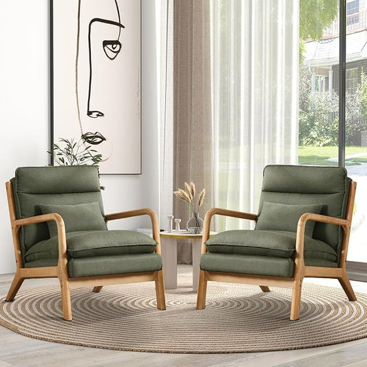 Mid Century Modern Accent Chair Set of 2, Upholstered Lounge Armchair with Plump Back Pillow, Comfy Reading Chair with Solid Wood Frame for Bedroom Living Room, Green