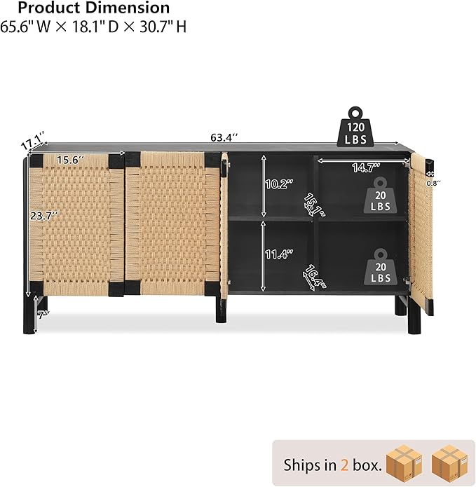 Modern Farmhouse Sideboard Buffet Cabinet 65.6’’ Boho Credenza Coffee Bar Console with Handwoven Paper Rope Doors, Storage Accent Cabinet for Living Room, Hallway & Kitchen, Black