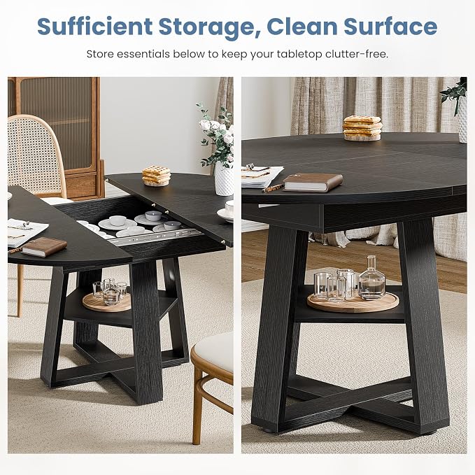DUMOS Extendable Round Dining Table for 4-8, Modern Kitchen Oval Dinner Table with Storage Shelf, Wood Pedestal Table, Space Saving Modern Style, Black