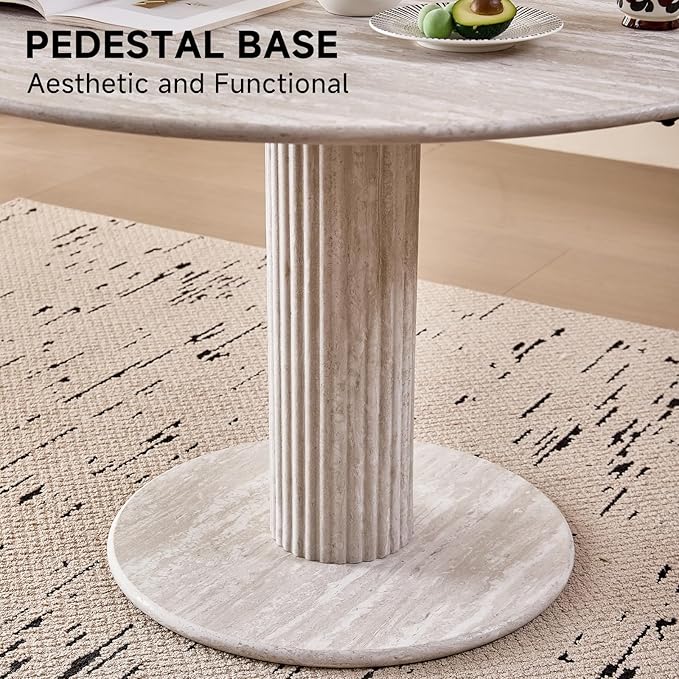 47" Round Dining Table for 4, [Cylinder Pedestal Base] [Stone-Patterned] Modern Circle Dinner Table for Kitchen Dining Living Room, Grey