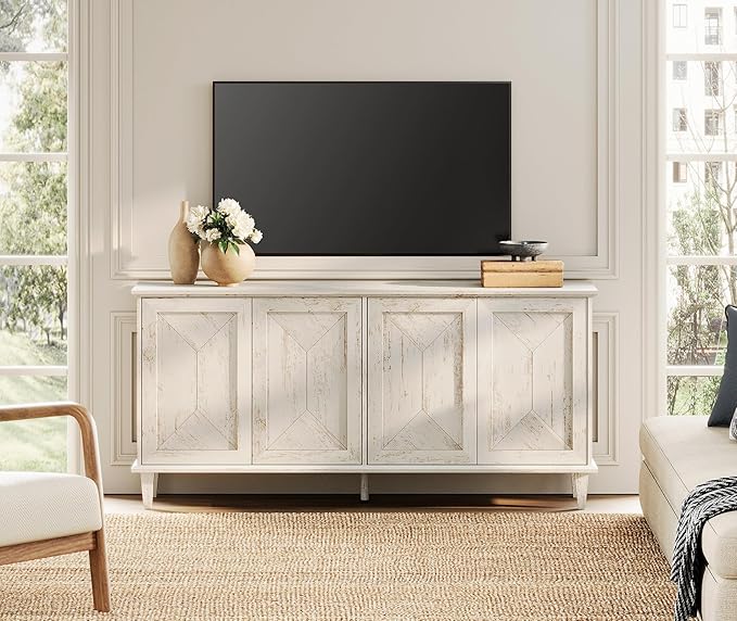 WAMPAT 65-inch Handcrafted Patchwork Decorative Buffet Cabinet with Pop-Up Design Doors,Full Unit Modern Farmhouse Accent Credenza for Coffee Bar, Kitchen, and Living Room, Pale Oak