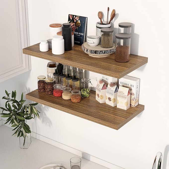 Dreamland 30" Floating Shelves for Wall, 12" Deep Slim Walnut Floating Shelves, Wall-Mounted Shelves for Bedroom, Living Room, Kitchen, Bathroom - Set of 2